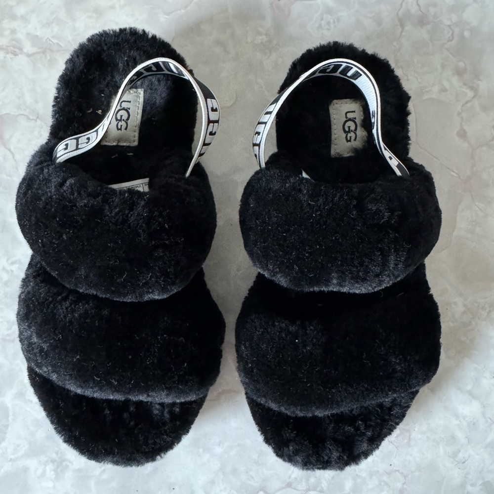 UGG Black Plush Slide Sandals